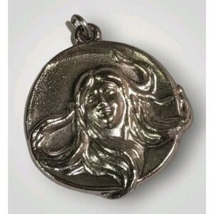 Art Nouveau Lady Pendant Silver Tone 3D Head Flowing Hair Woman Face Retro Round